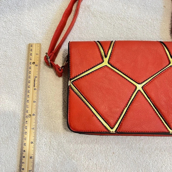 Geometric Puzzle Bag Women’s Red Orange Gold Small Rectangle Shoulder *read - Picture 2 of 16